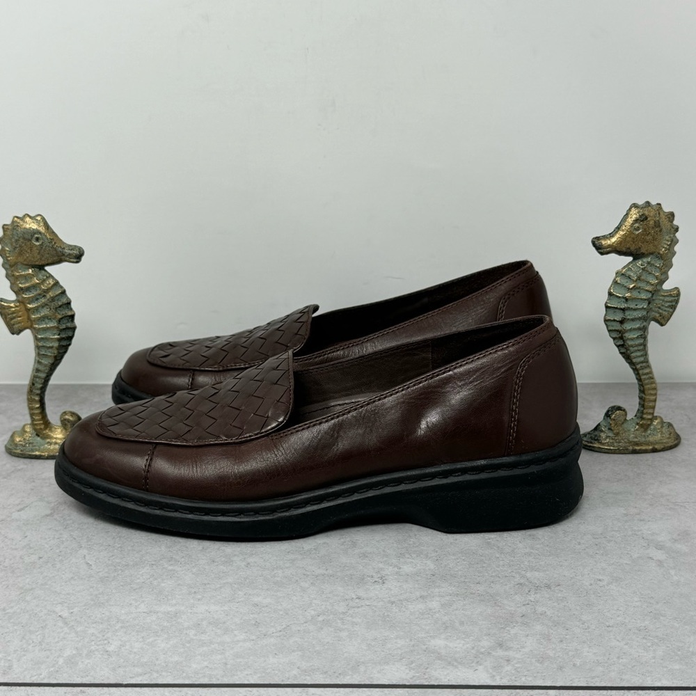 Clarks Springers Brown Leather Woven Top Loafers Slip On Shoes Womens Size 7.5